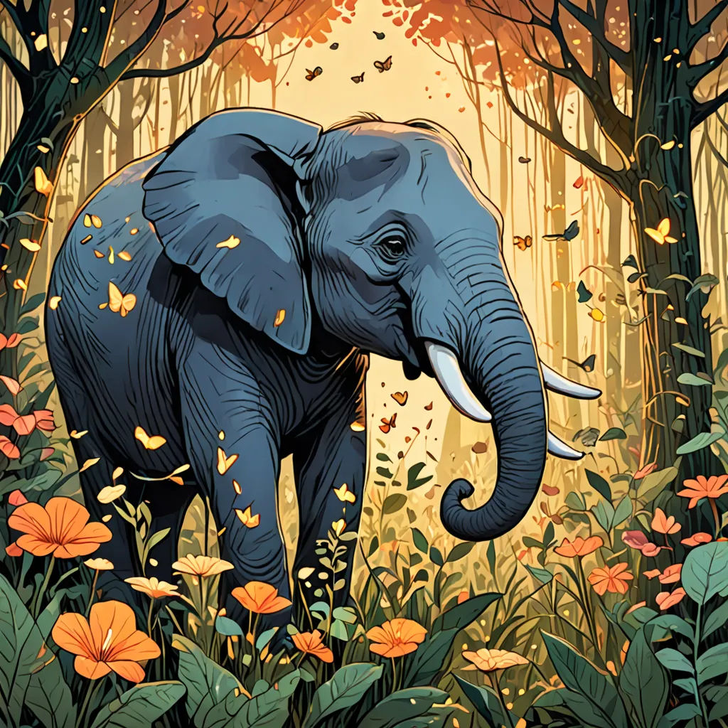 an elephant is standing in a forest with flowers and trees around it, with a yellow background and a red and orange flower, Chris LaBrooy, psychedelic art, a storybook illustration, josan gonzales and dan mumford