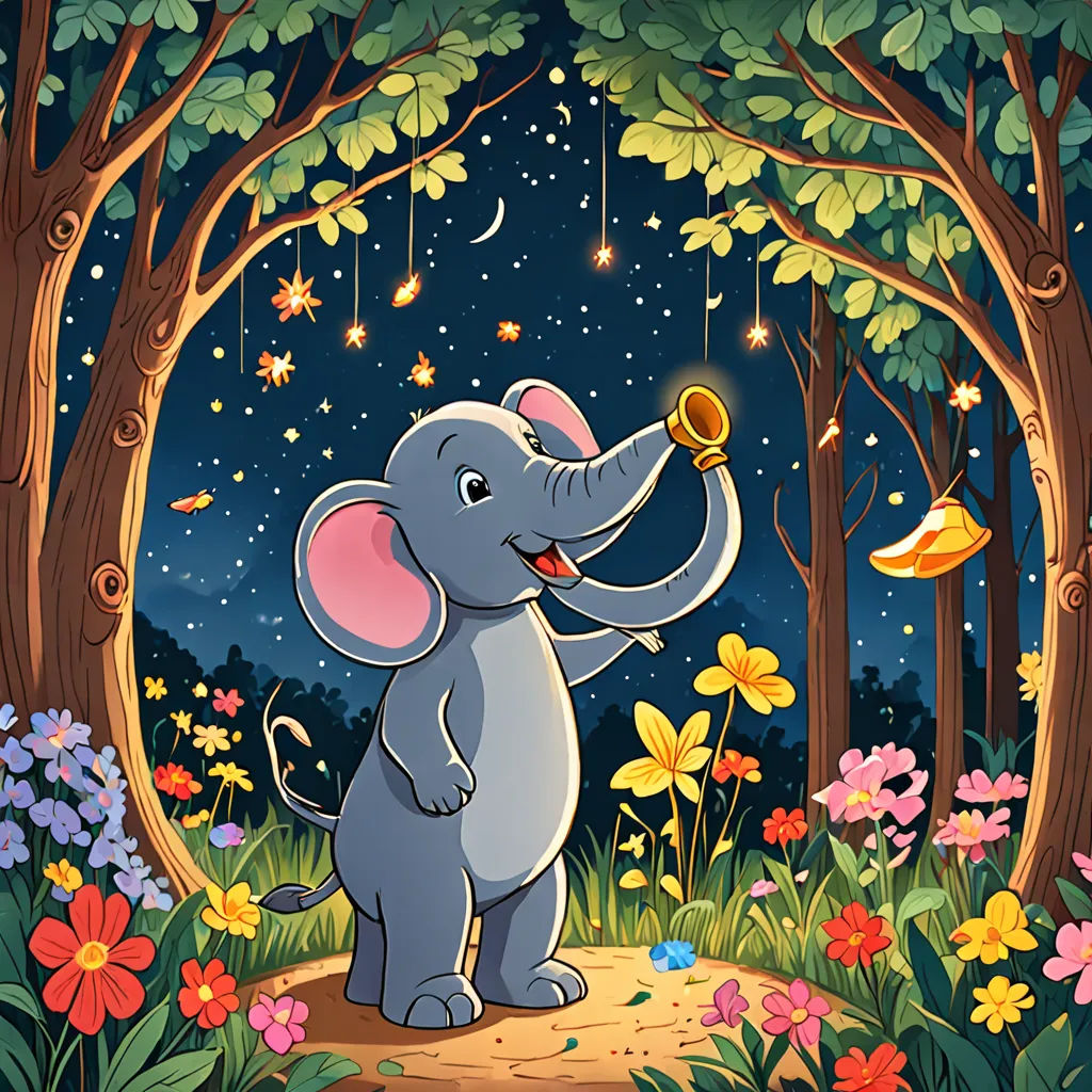 a cartoon elephant is playing with a bell in the forest at night with flowers and trees around it and a star in the sky, Amédée Ozenfant, fantasy art, a storybook illustration, promotional image