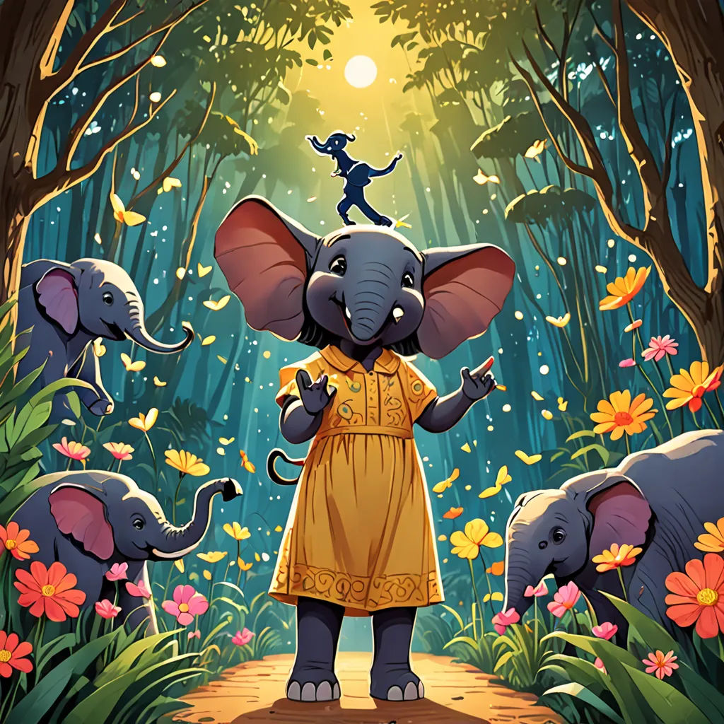 a cartoon elephant in a yellow dress standing in a forest with elephants and a man on top of it, Chris LaBrooy, fantasy art, a storybook illustration, rossdraws global illumination