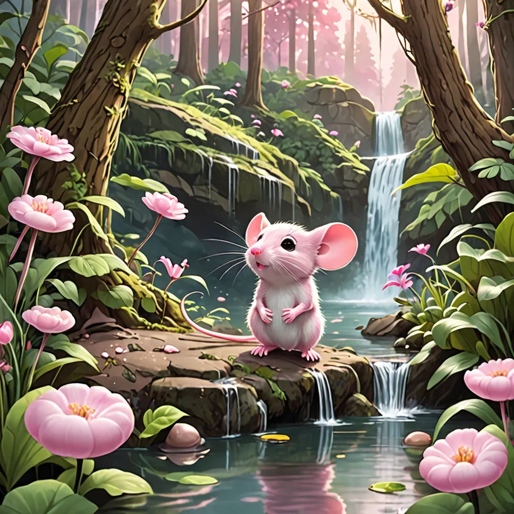 a painting of a mouse sitting on a rock in a forest with flowers and a waterfall in the background, fantasy art, a storybook illustration, Chris LaBrooy, kinkade
