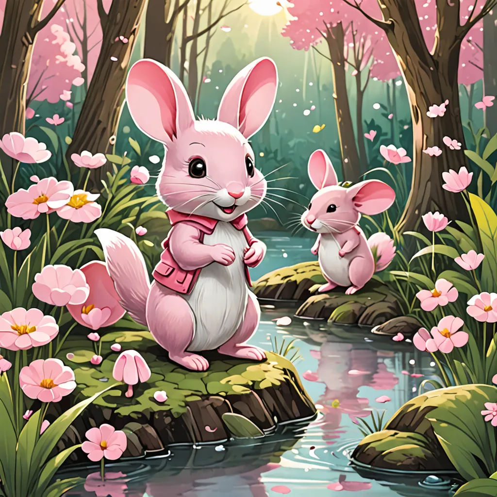 a painting of a mother rabbit and her baby in a forest with flowers and a stream of water with pink flowers, furry art, a storybook illustration, Chris LaBrooy, rossdraws global illumination