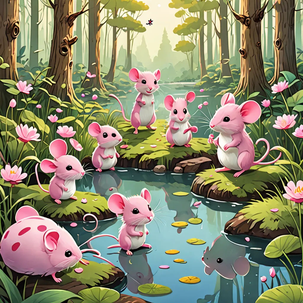 a group of pink mice sitting on top of a lush green forest next to a river surrounded by lily pads, fantasy art, a storybook illustration, Chris LaBrooy, storybook illustration