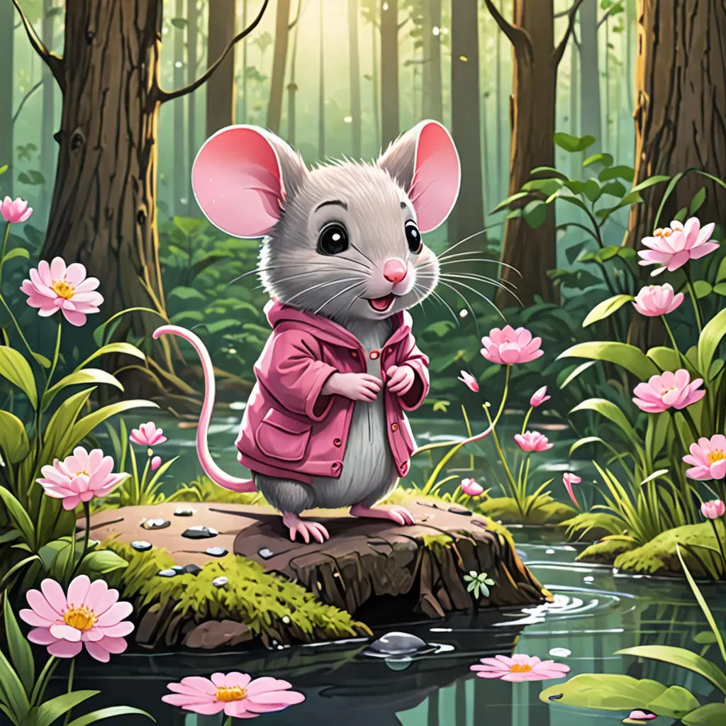a mouse in a pink jacket sitting on a rock in a forest with flowers and water lilies around, sots art, a storybook illustration, Chris LaBrooy, kinkade