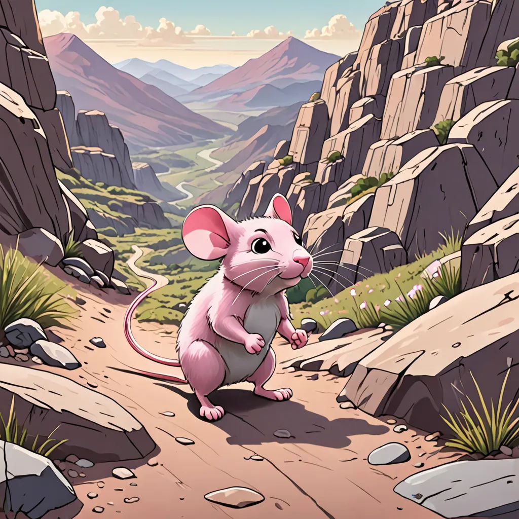 a cartoon mouse is standing on a path in the mountains with a mountain view in the background and a path leading to a valley, sots art, a storybook illustration, Chris LaBrooy, storybook illustration