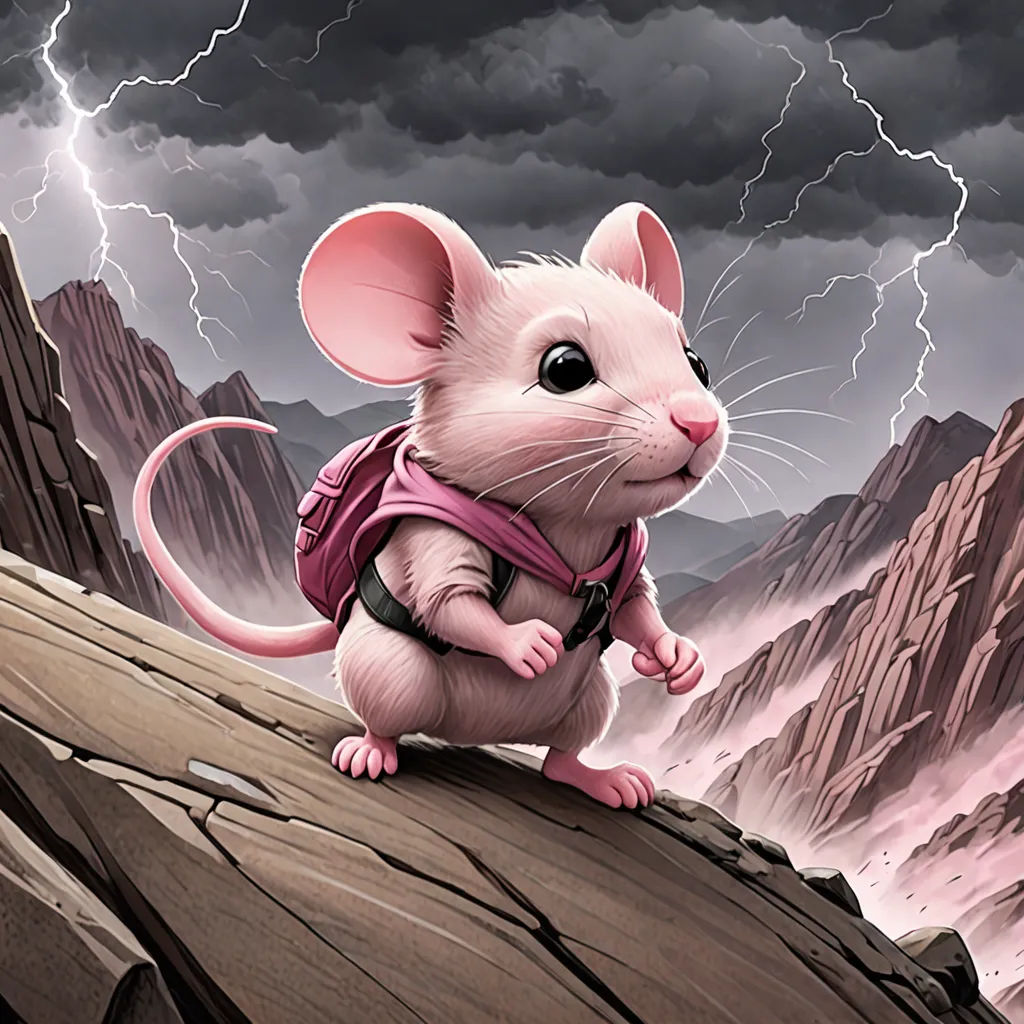 a mouse with a backpack on a rock in the mountains with lightning in the background and a storm in the sky, fantasy art, a character portrait, Chris LaBrooy, magic the gathering artwork