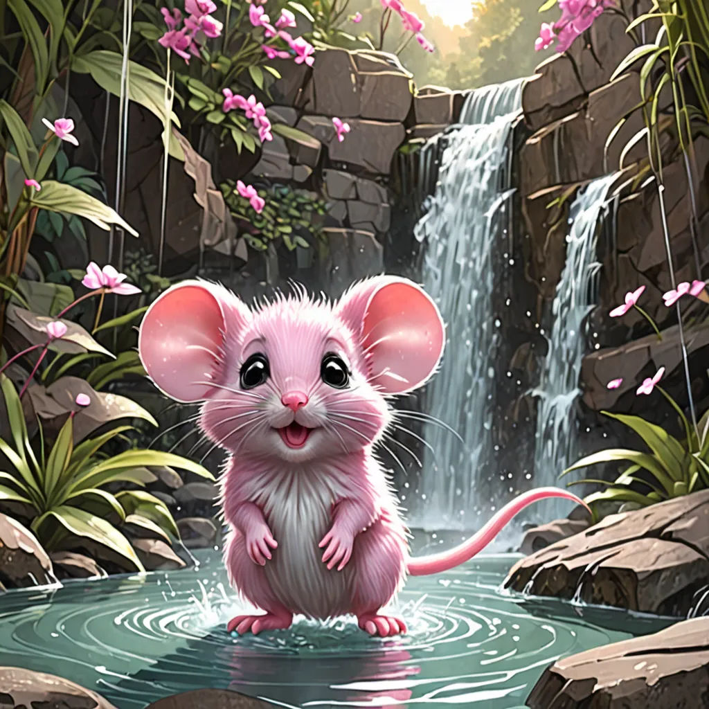 a mouse is sitting in a pond of water near a waterfall and rocks with pink flowers on it, and a waterfall behind it, fantasy art, a digital painting, Chris LaBrooy, kinkade