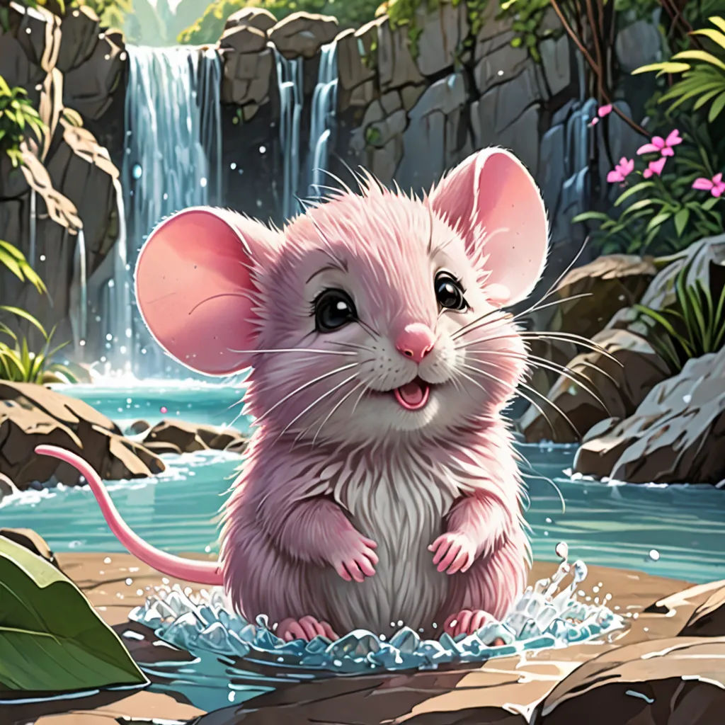 a mouse is sitting in a pool of water near a waterfall and rocks, with a leaf in the foreground, fantasy art, a character portrait, Chris LaBrooy, kinkade
