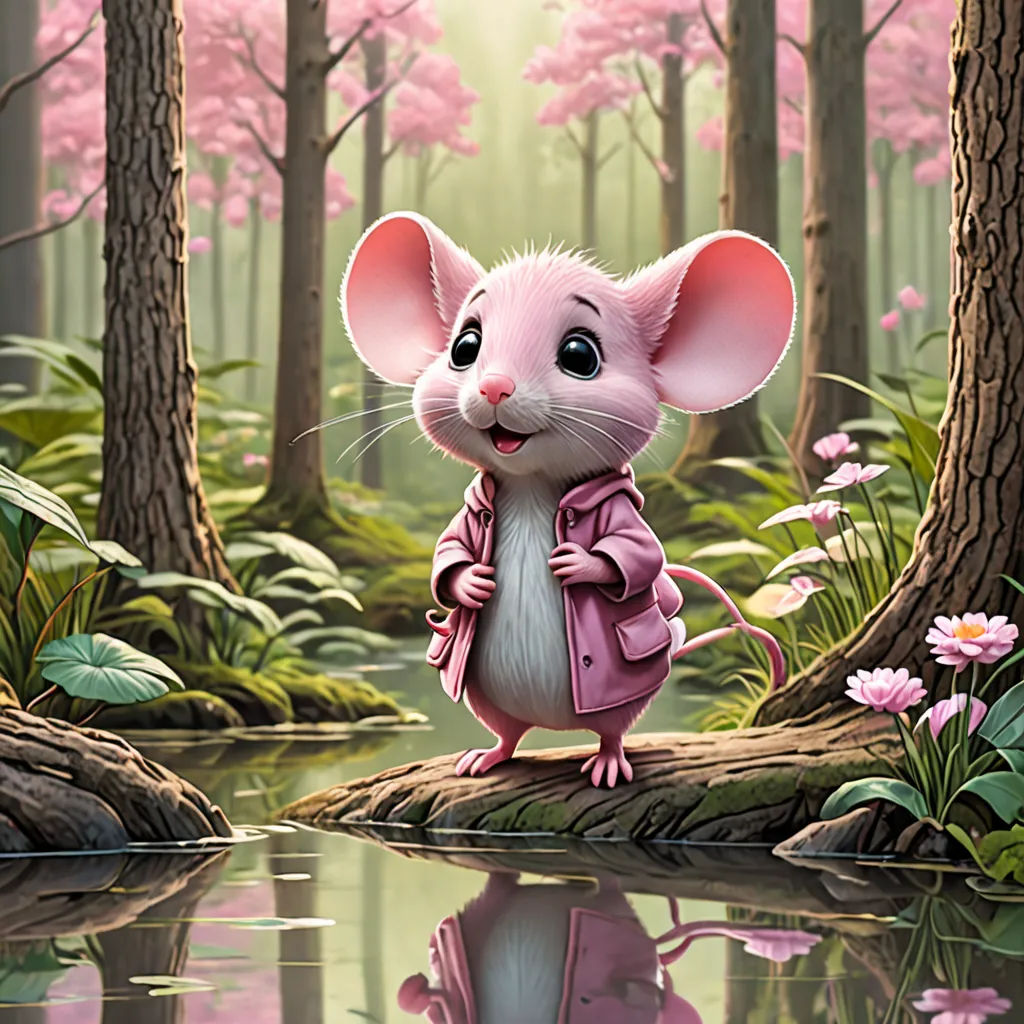 a cartoon mouse standing on a log in a forest with pink flowers and trees in the background, with a pond in the foreground, sots art, a storybook illustration, Chris LaBrooy, kinkade