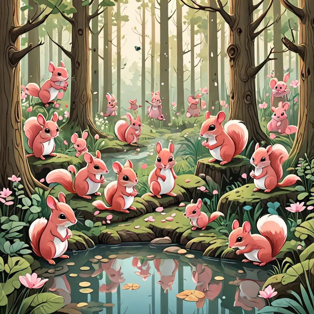 a painting of a forest with many little animals in it's habitat, and a pond in the middle of the forest, pop surrealism, a storybook illustration, Chris LaBrooy, rossdraws global illumination