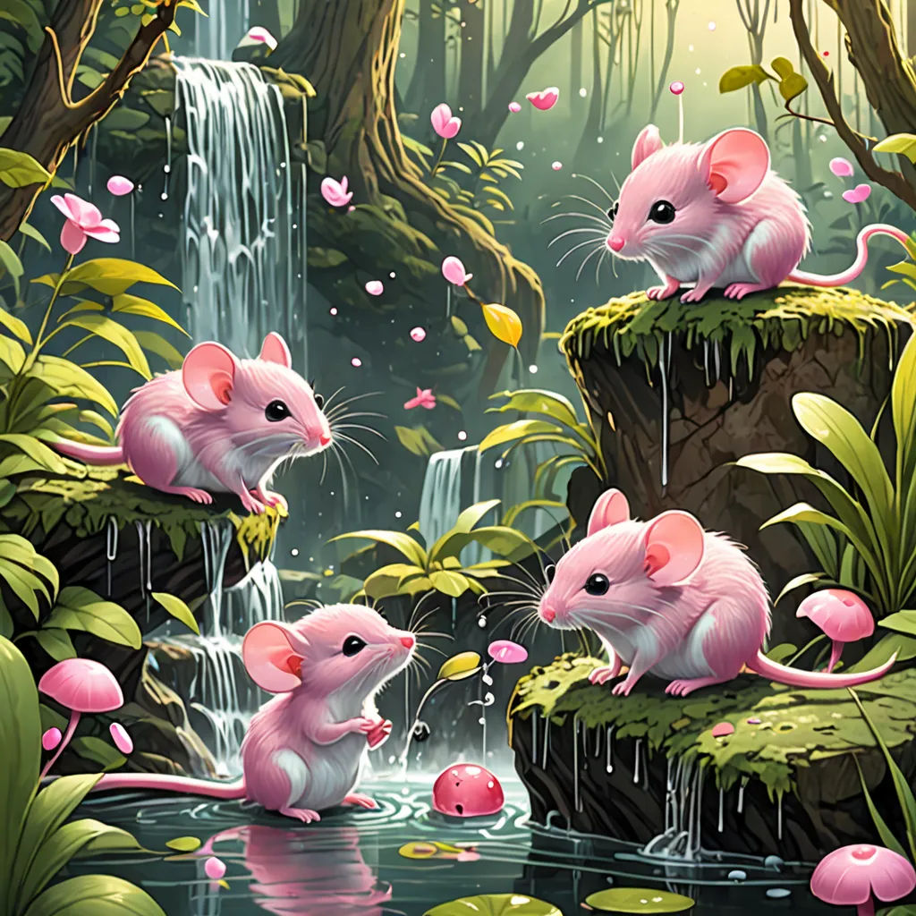 a painting of a mouse and a mouse in a forest with a waterfall and flowers on the ground and a pink mouse on the ground, fantasy art, a storybook illustration, Chris LaBrooy, kinkade