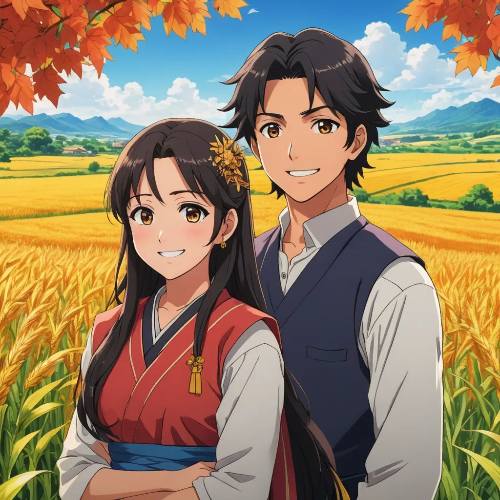 a man and woman standing in front of a field of wheat under a tree with autumn leaves on it, color field, a stock photo, Ai-Mitsu, ufotable