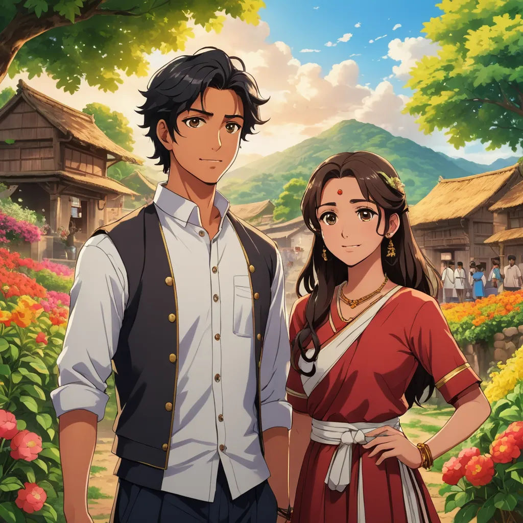 a man and a woman standing in front of a flower garden with a mountain in the background and a sky with clouds, sots art, concept art, Anne Said, official art