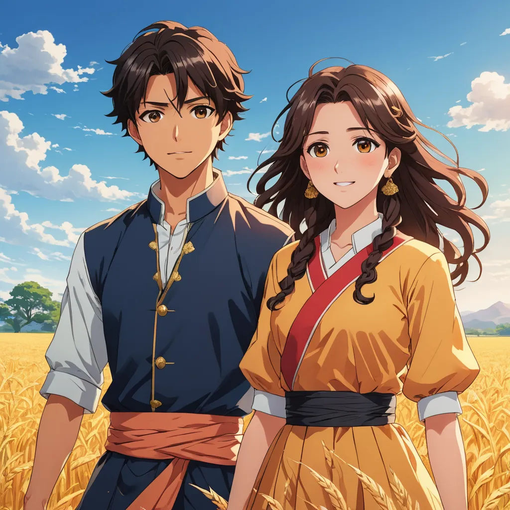 a man and a woman standing in a field of wheat with a sky background and clouds in the background, color field, an album cover, Anne Said, official art