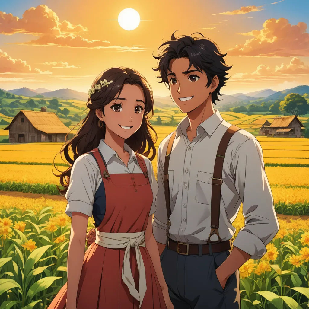 a man and a woman standing in a field of flowers with a sunset in the background and a farm, neo-romanticism, poster art, Anne Said, official art