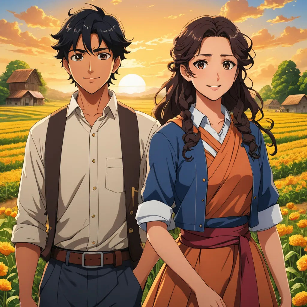 a couple of people standing in a field of flowers with a sunset in the background and a house in the background, color field, a stock photo, Anne Said, official art