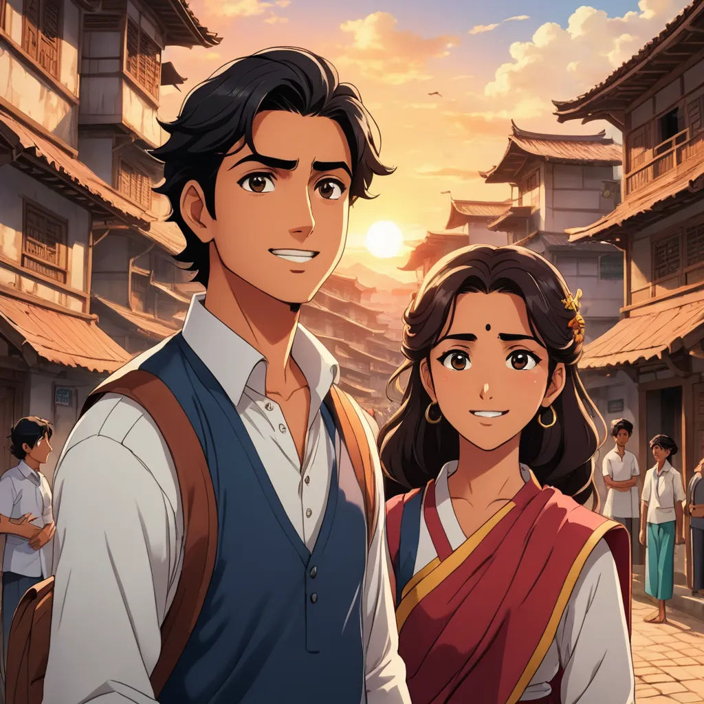 a man and woman standing in front of a building with a sunset in the background and people standing around, samikshavad, concept art, disney, official art
