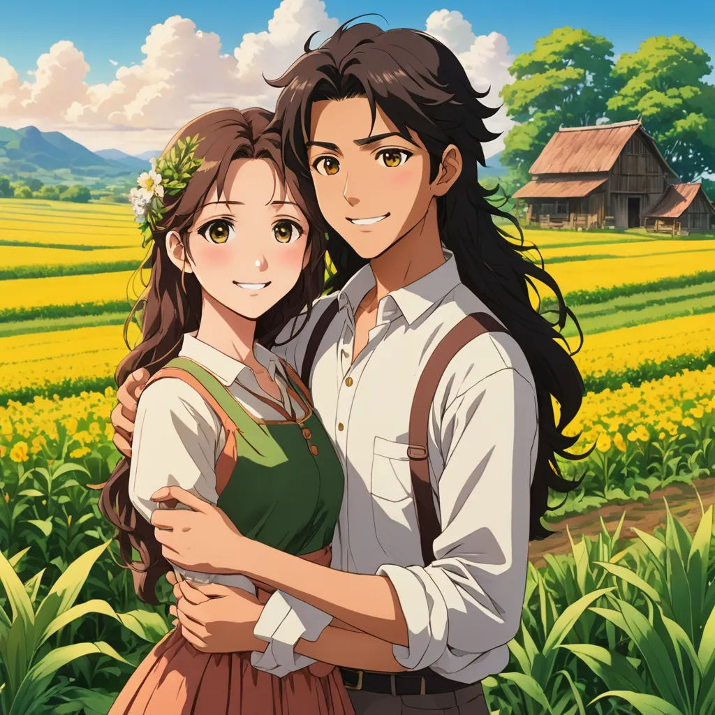 a couple of people standing in a field of flowers and grass with a house in the background and a sky with clouds, synthetism, a stock photo, Anne Said, official art