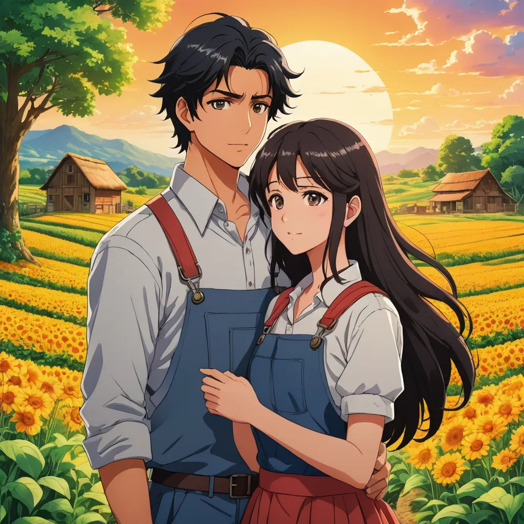 a man and a woman standing in front of a field of sunflowers with a sunset in the background, serial art, poster art, Anne Said, official art