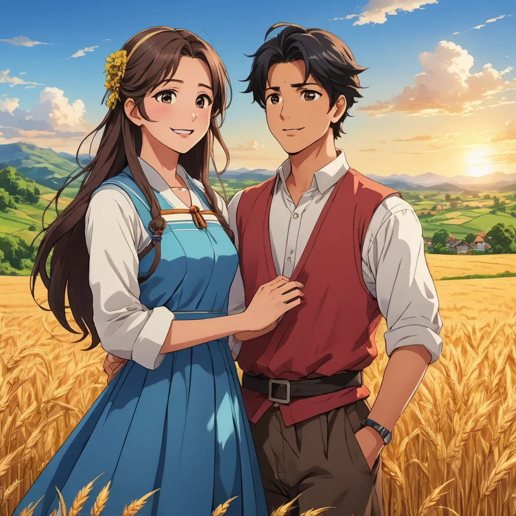 a couple of people standing in a field of wheat with a sky background and clouds in the background and a sun setting, neo-romanticism, a stock photo, Anne Said, official art