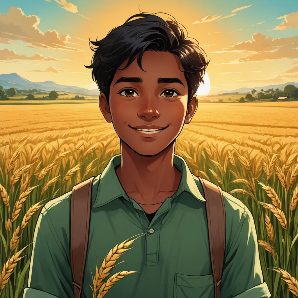 a boy standing in a field of wheat with the sun in the background and a sky with clouds above him, serial art, a character portrait, Everett Warner, comic cover art