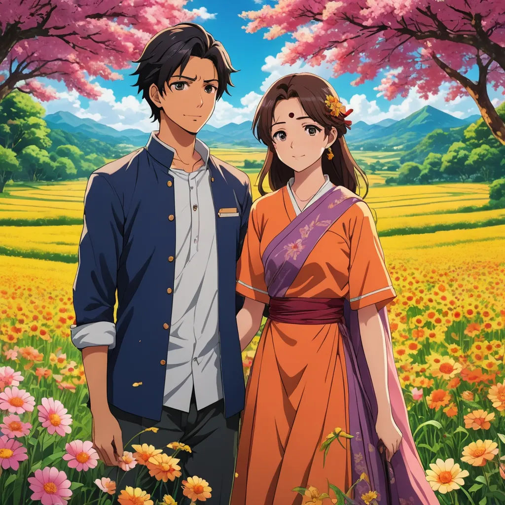 a man and a woman standing in a field of flowers with trees in the background and a sky with clouds, sots art, poster art, Ai-Mitsu, official art