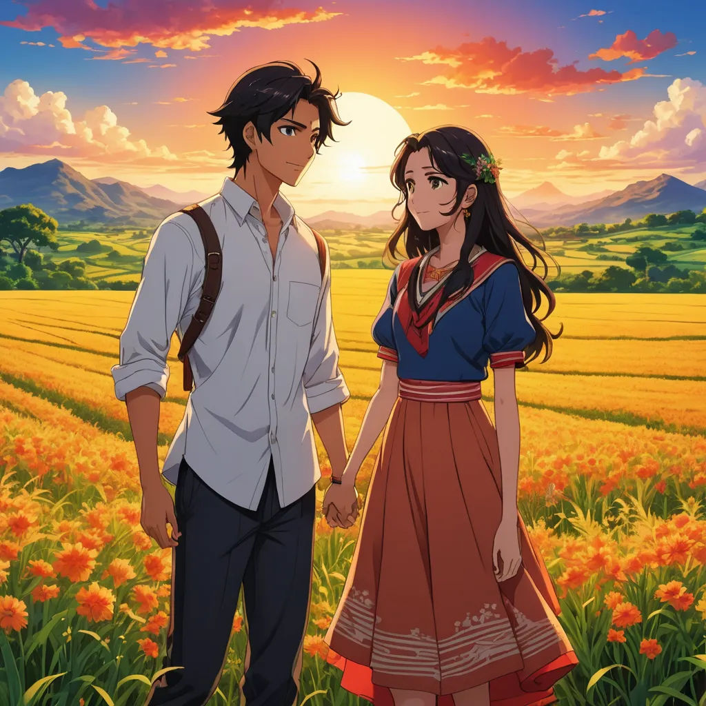 a man and a woman standing in a field of flowers holding hands and looking at the sky with the sun setting behind them, neo-romanticism, poster art, Eizan Kikukawa, official art