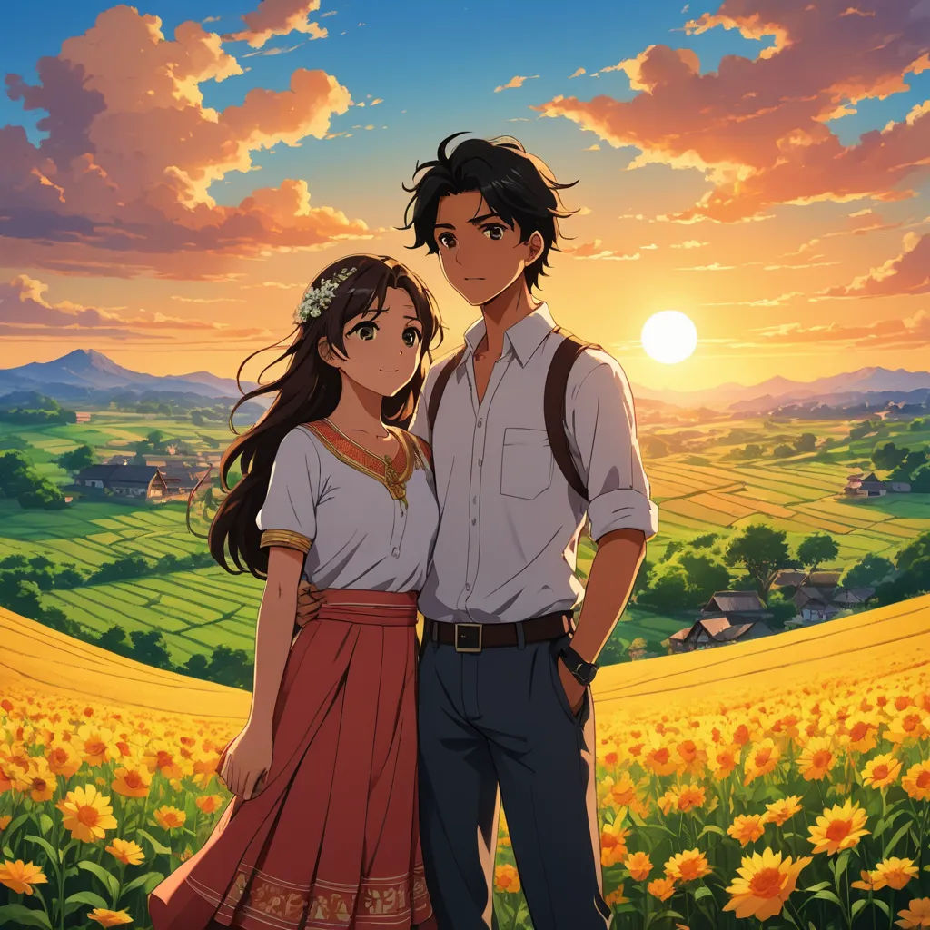 a man and a woman standing in a field of sunflowers with the sun setting behind them and a field of flowers, neo-romanticism, poster art, Anne Said, official art