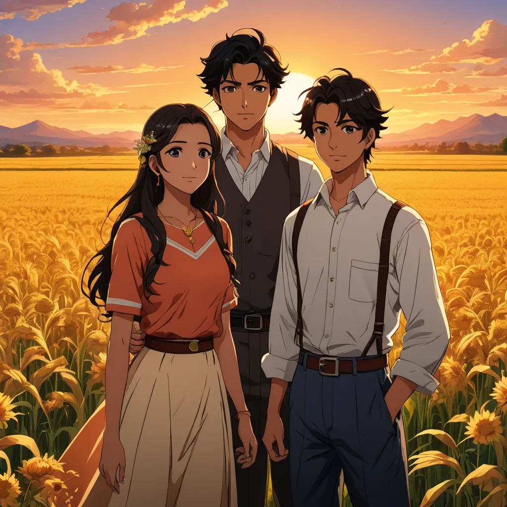 a couple of people standing in a field of flowers with a sunset in the background and a sky with clouds, color field, a poster, Anne Said, official art