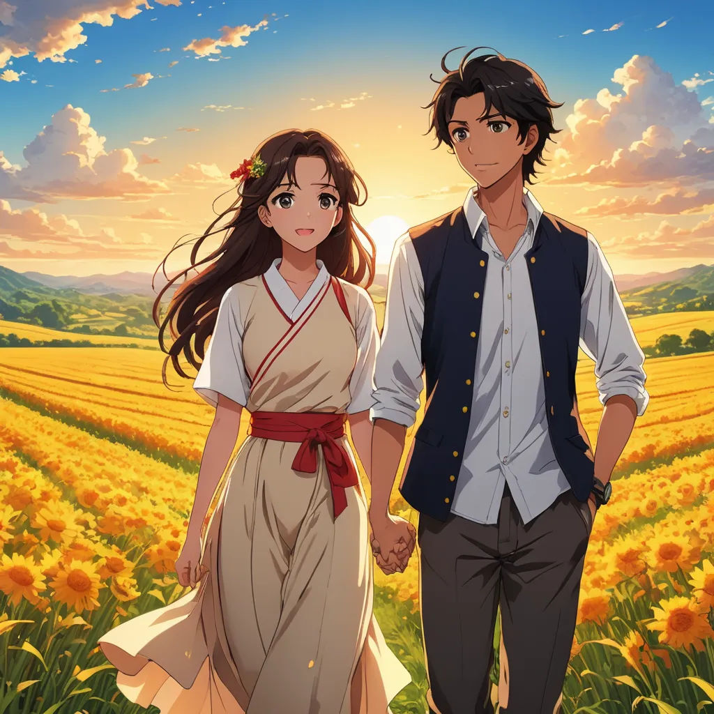 a man and a woman standing in a field of sunflowers holding hands and looking at the camera, neo-romanticism, poster art, Anne Said, official art