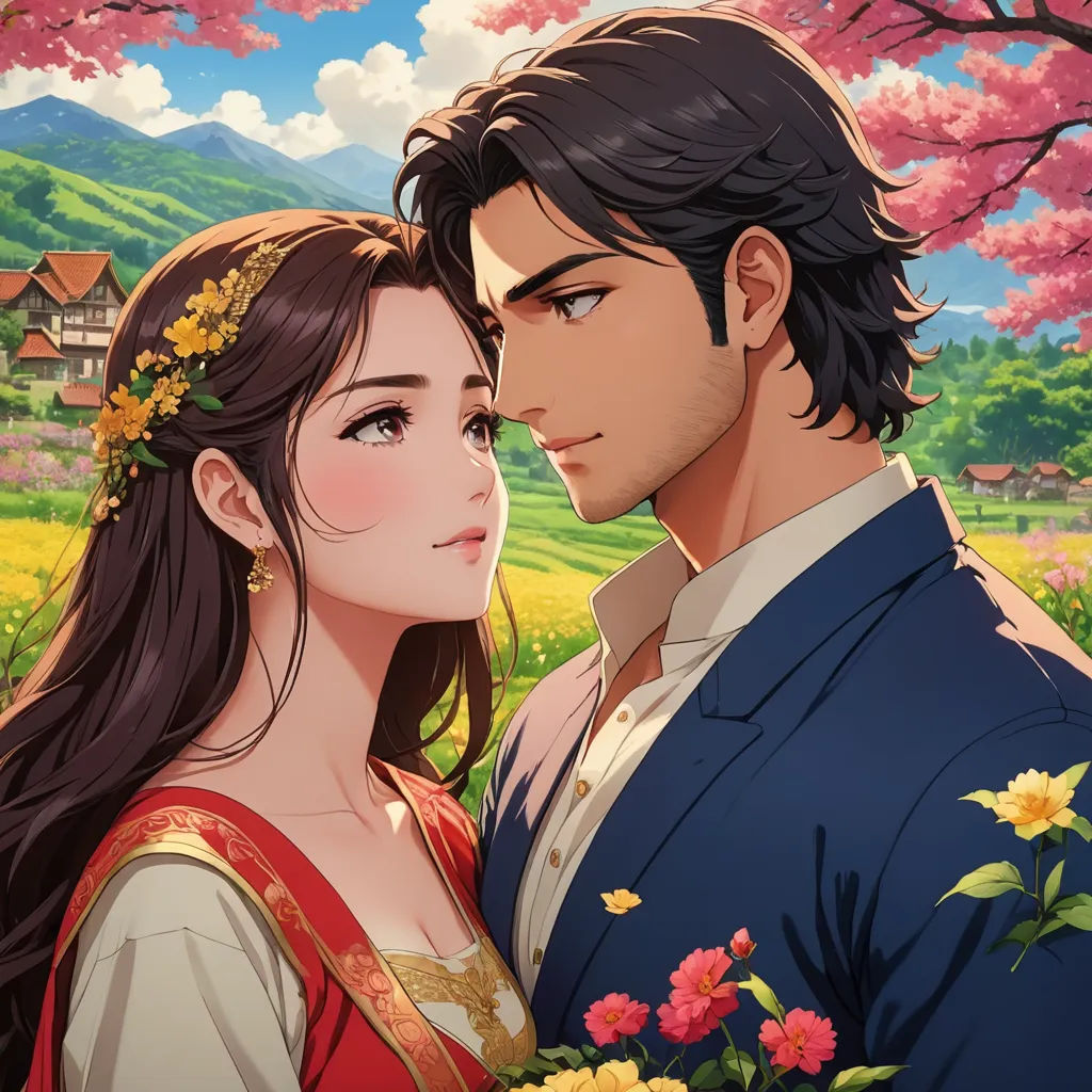 a couple in a field with flowers and trees in the background, with a house in the background and a tree with pink flowers in the foreground, serial art, a character portrait, Altoon Sultan, official art