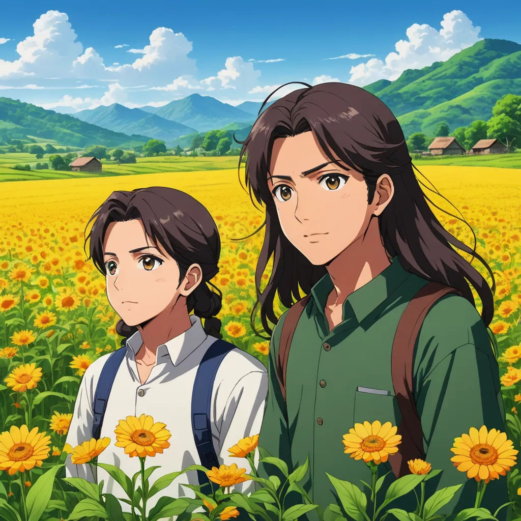 a couple of people standing in a field of flowers with mountains in the background and a sky with clouds, color field, an album cover, Brothers Hildebrandt, official art