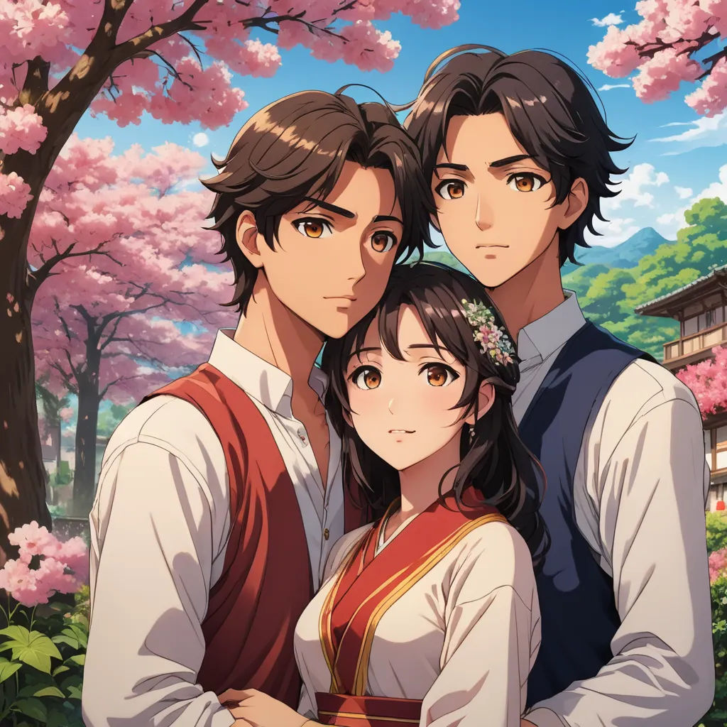 a couple of people standing next to each other in front of a tree with pink flowers on it and a building in the background, sots art, an album cover, Anne Said, official art