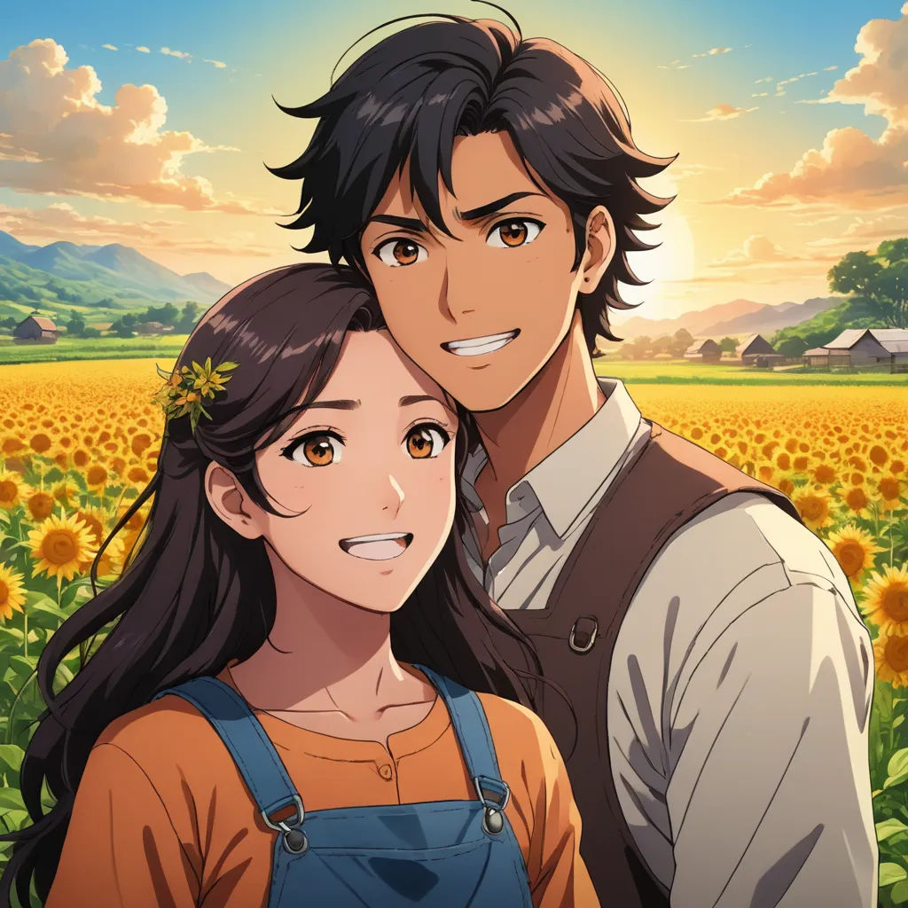 a man and a woman standing in a field of sunflowers with a sky background and sunflowers, serial art, a stock photo, Anne Said, official art