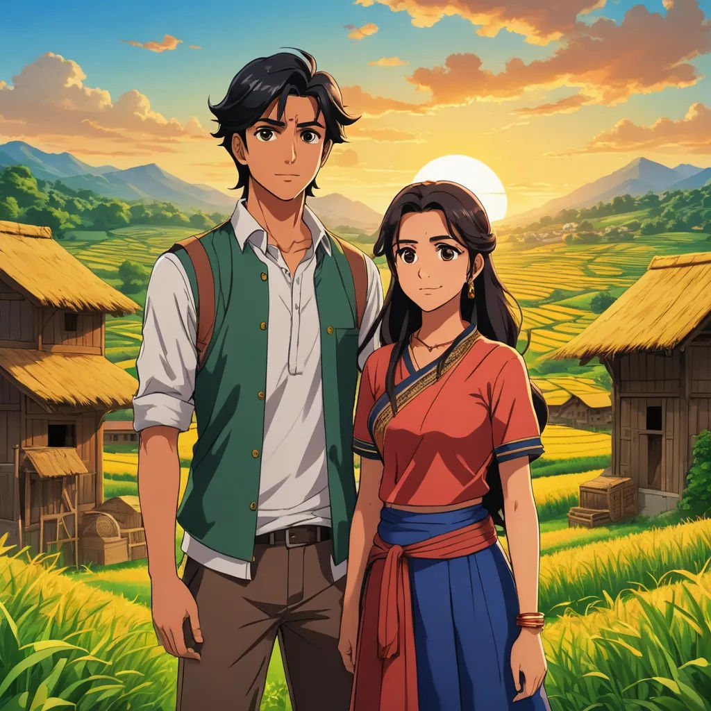 a man and a woman standing in front of a field of grass and a sunset with a village in the background, serial art, concept art, Anne Said, official art