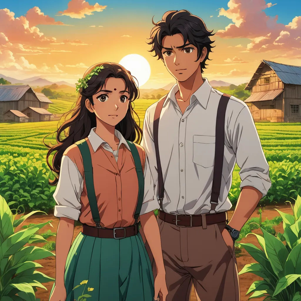 a man and a woman standing in a field with a sunset in the background and a farm in the background, remodernism, a stock photo, Anne Said, official art