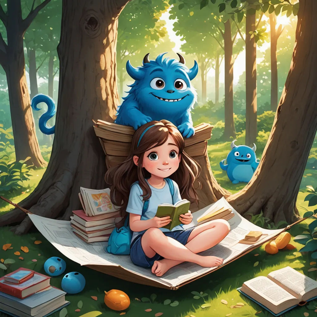 a girl sitting on a book in the forest with monsters reading a book and reading a book in front of her, fantasy art, a storybook illustration, Diego Gisbert Llorens, storybook illustration