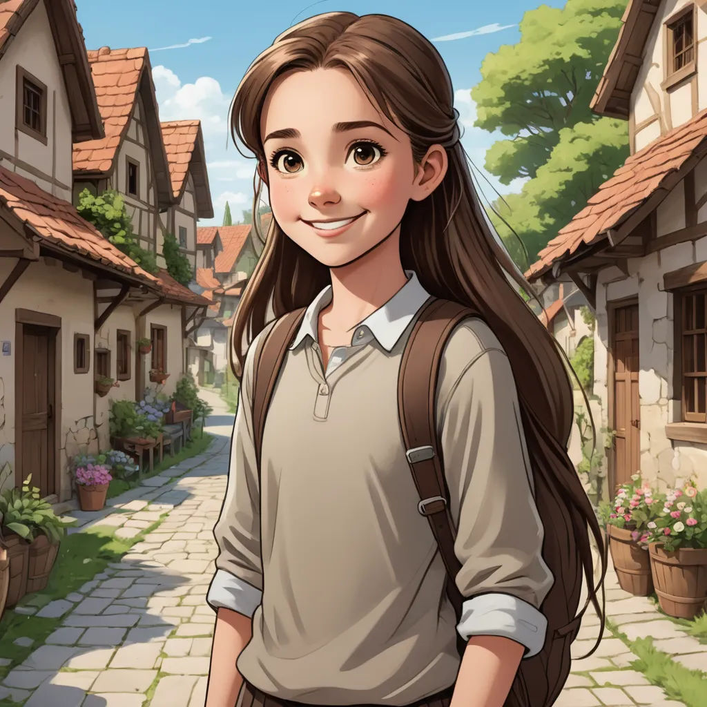 a cartoon girl with long hair and a backpack on a street with houses in the background and a brick paved path, fantasy art, a character portrait, Clarice Beckett, character portrait