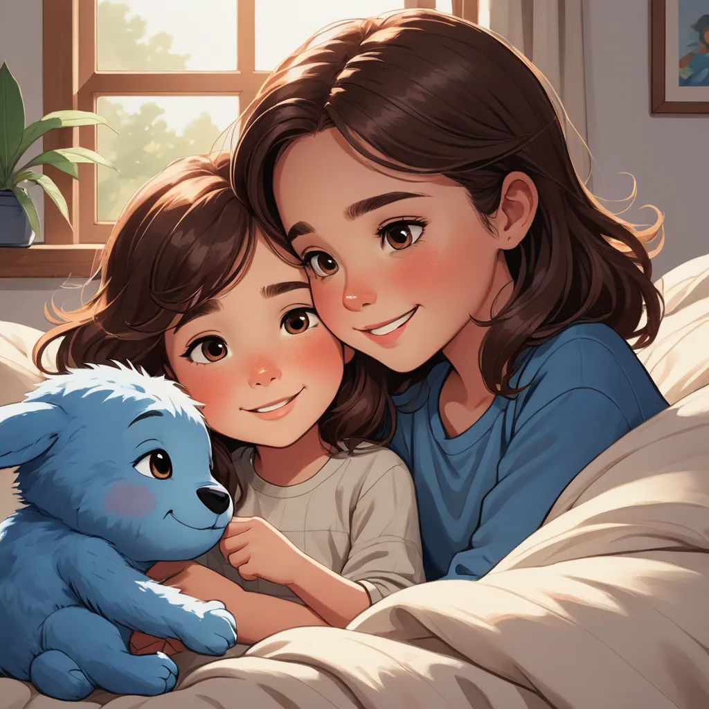 a woman and a child cuddle together on a bed with a blue teddy bear in their arms and a window behind them, furry art, a storybook illustration, disney, pixar style