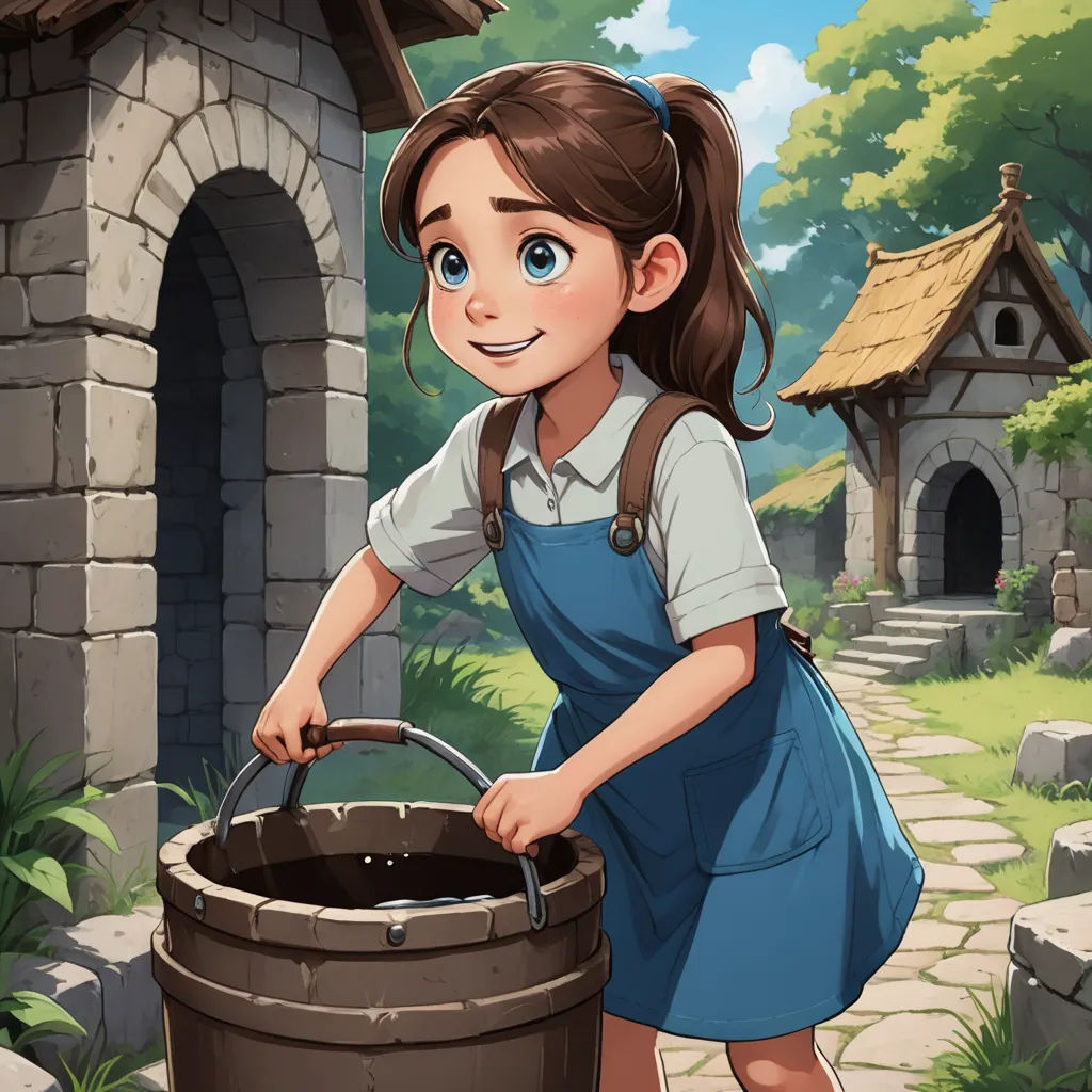 a girl in a blue dress is holding a bucket and looking at the camera with a smile on her face, fantasy art, a character portrait, Clarice Beckett, official art