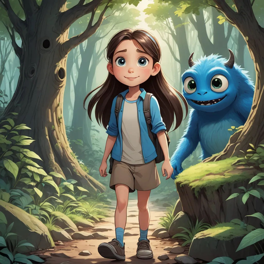 a girl and a monster walking through a forest together in front of a blue monster with big eyes and a backpack, fantasy art, a storybook illustration, Diego Gisbert Llorens, promotional image