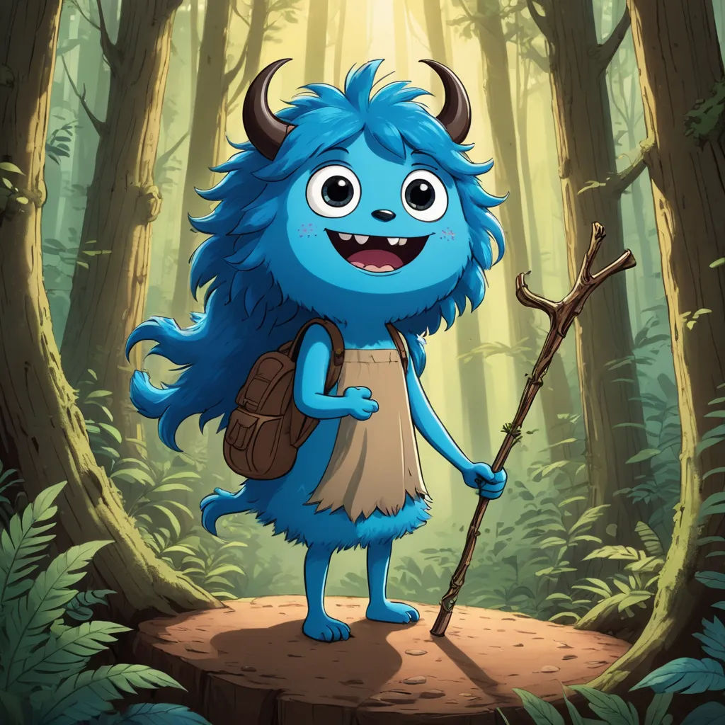 a cartoon blue monster with a backpack and a stick in a forest with tall trees and ferns, with a bright light shining on the ground, furry art, a character portrait, Diego Gisbert Llorens, promotional image