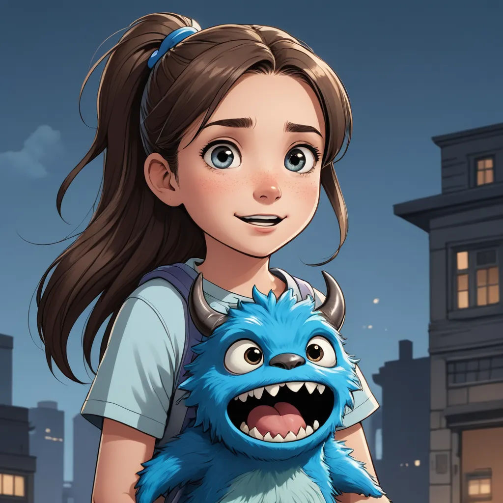 a girl holding a blue monster in front of a cityscape at night with a building in the background, furry art, a character portrait, Cedric Seaut (Keos Masons), comic cover art