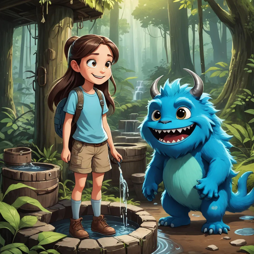 a girl standing next to a blue monster in a forest with a water fountain in front of her and a forest background, fantasy art, a storybook illustration, Diego Gisbert Llorens, promotional image