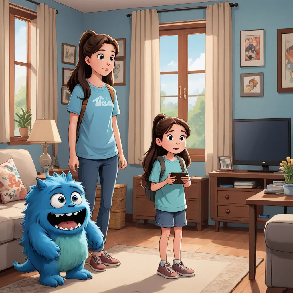 a woman and a girl standing in a living room with a monster next to them and a blue monster, sots art, concept art, Chris LaBrooy, official art