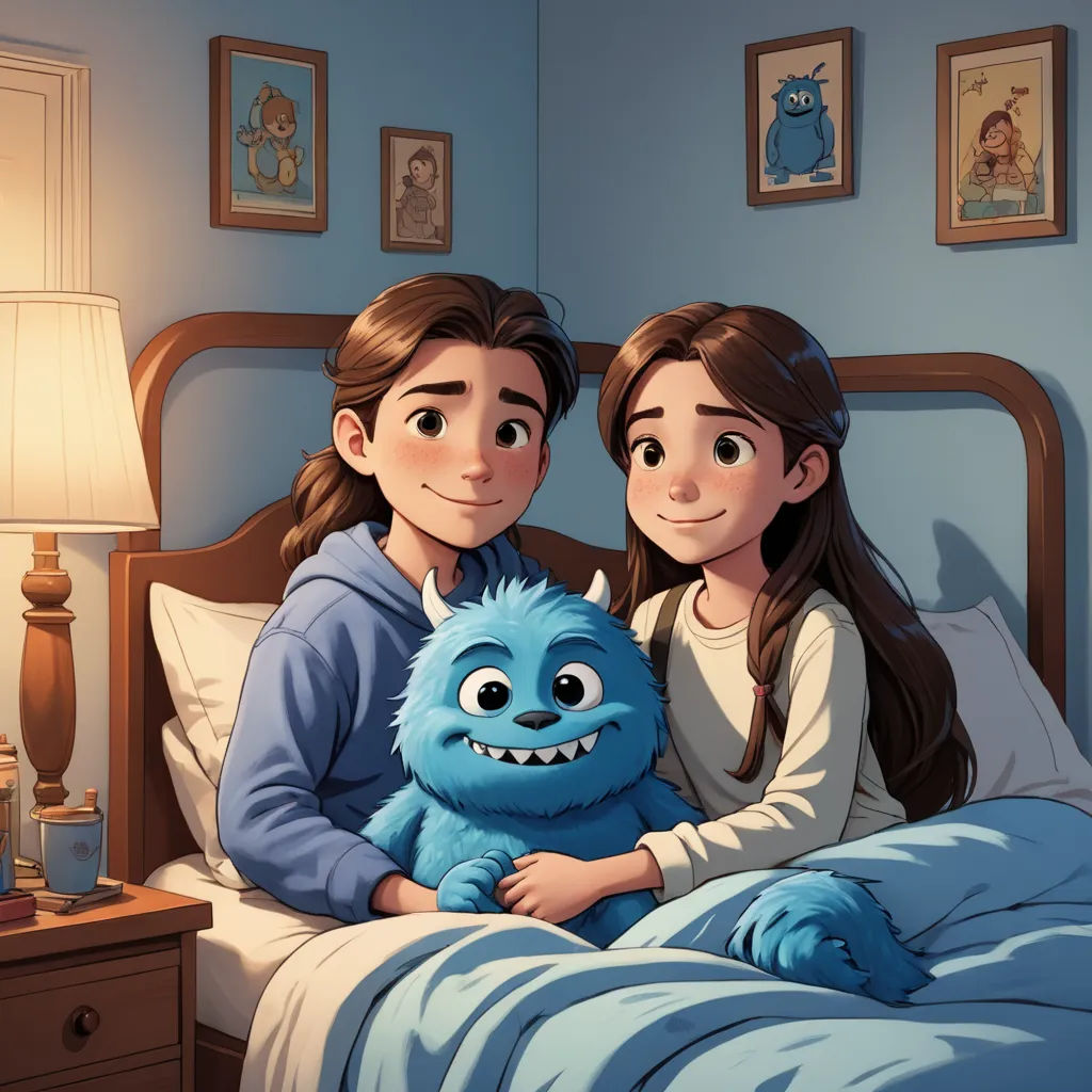 a couple of people that are sitting on a bed together with a monster stuffed animal in their arms and a lamp on the nightstand, sots art, a storybook illustration, Diego Gisbert Llorens, pixar style