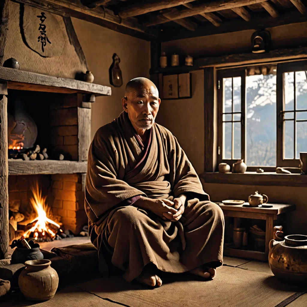 a man sitting in front of a fire place in a room with a fireplace and a window with a mountain view, art & language, a character portrait, Byeon Sang-byeok, award - winning photography