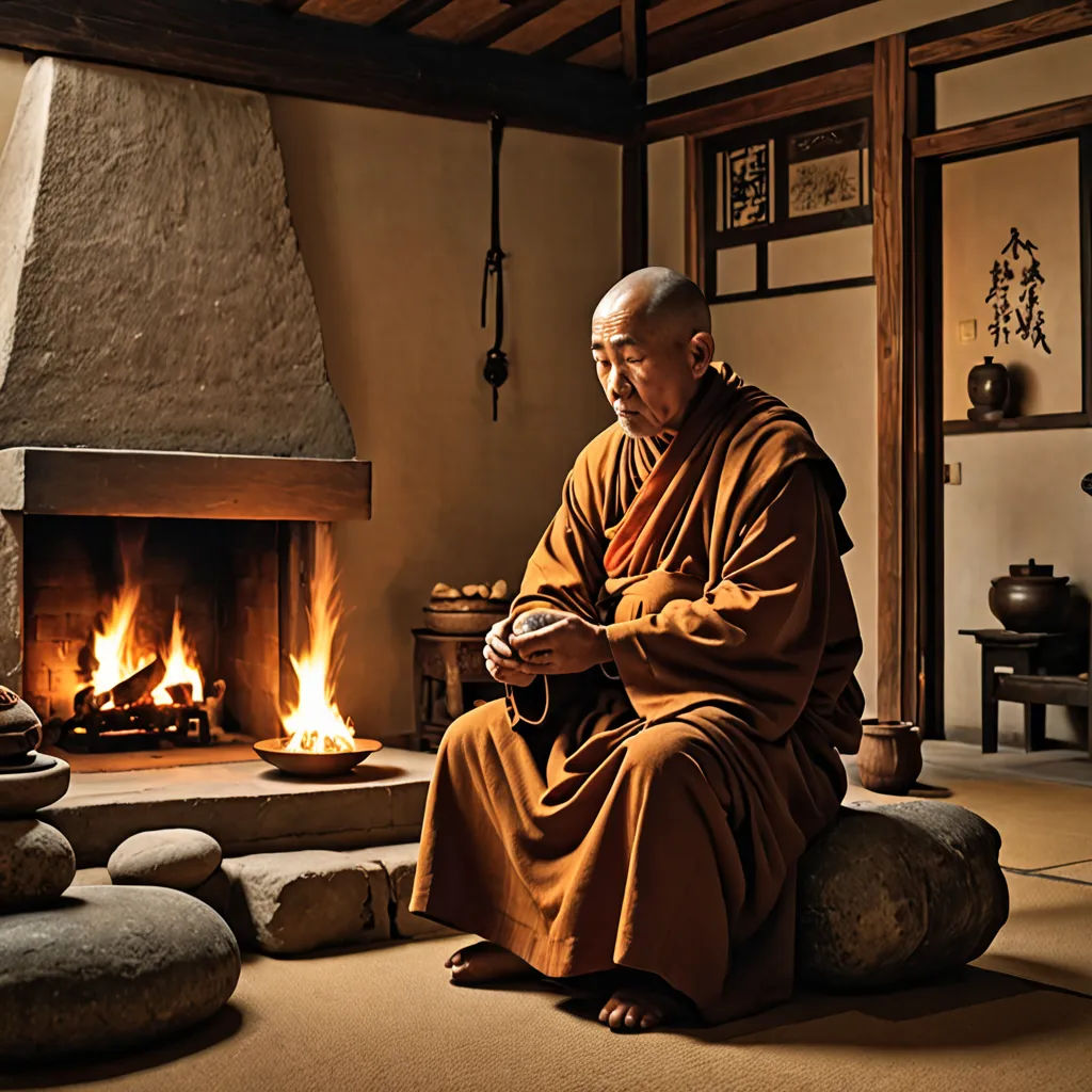a man sitting in front of a fire place in a room with a stone fireplace and a stone hearth, art & language, a colorized photo, Byeon Sang-byeok, centered