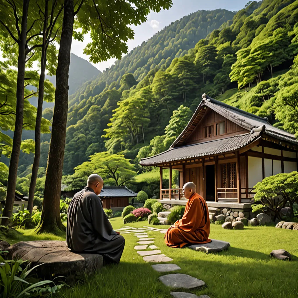 a man sitting on a rock in front of a building in a forest area with a pagoda in the background, cloisonnism, a tilt shift photo, Eizō Katō, kyoto studio