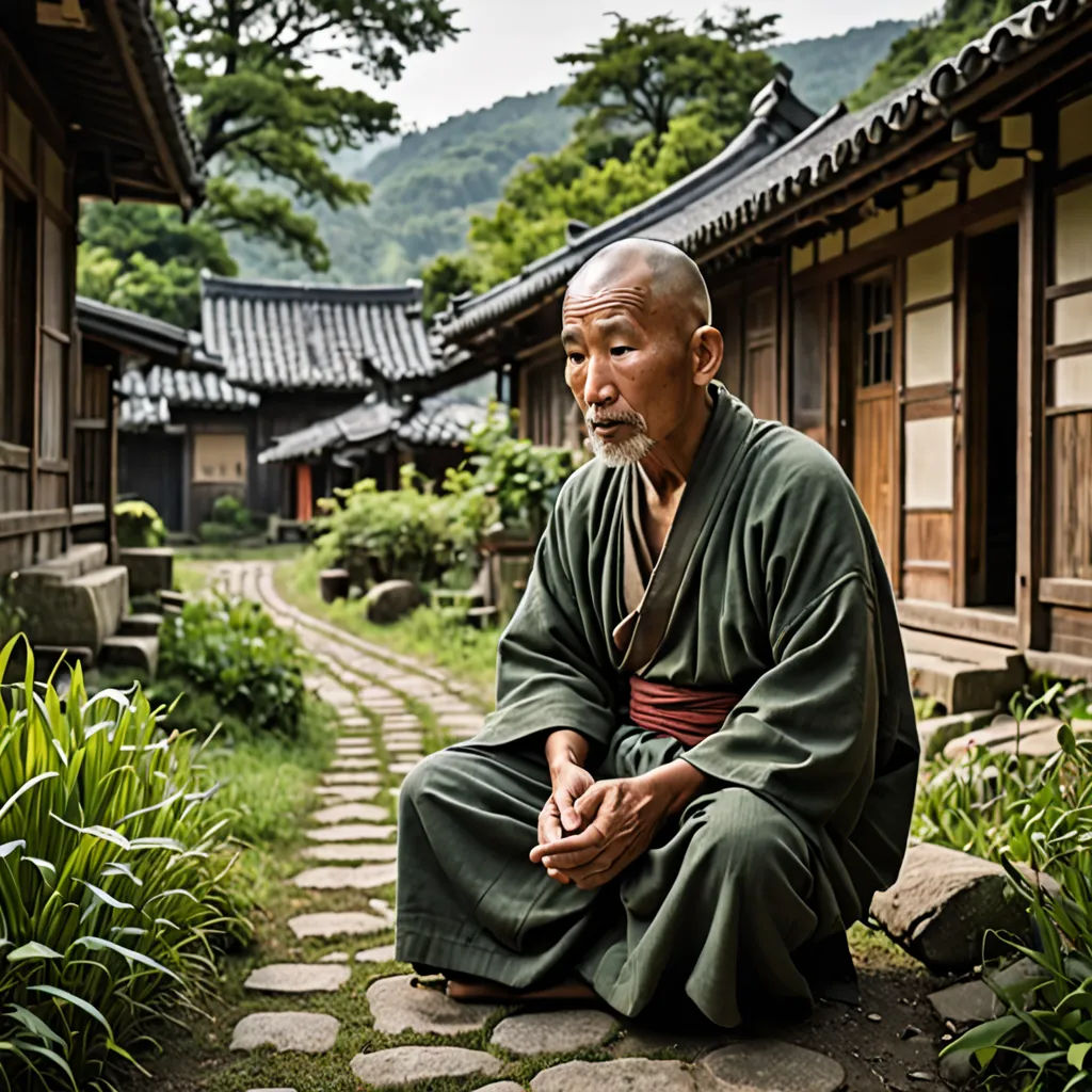 a man sitting on a stone walkway in a garden area with a building in the background and trees in the foreground, mingei, a character portrait, Eizō Katō, kyoto studio