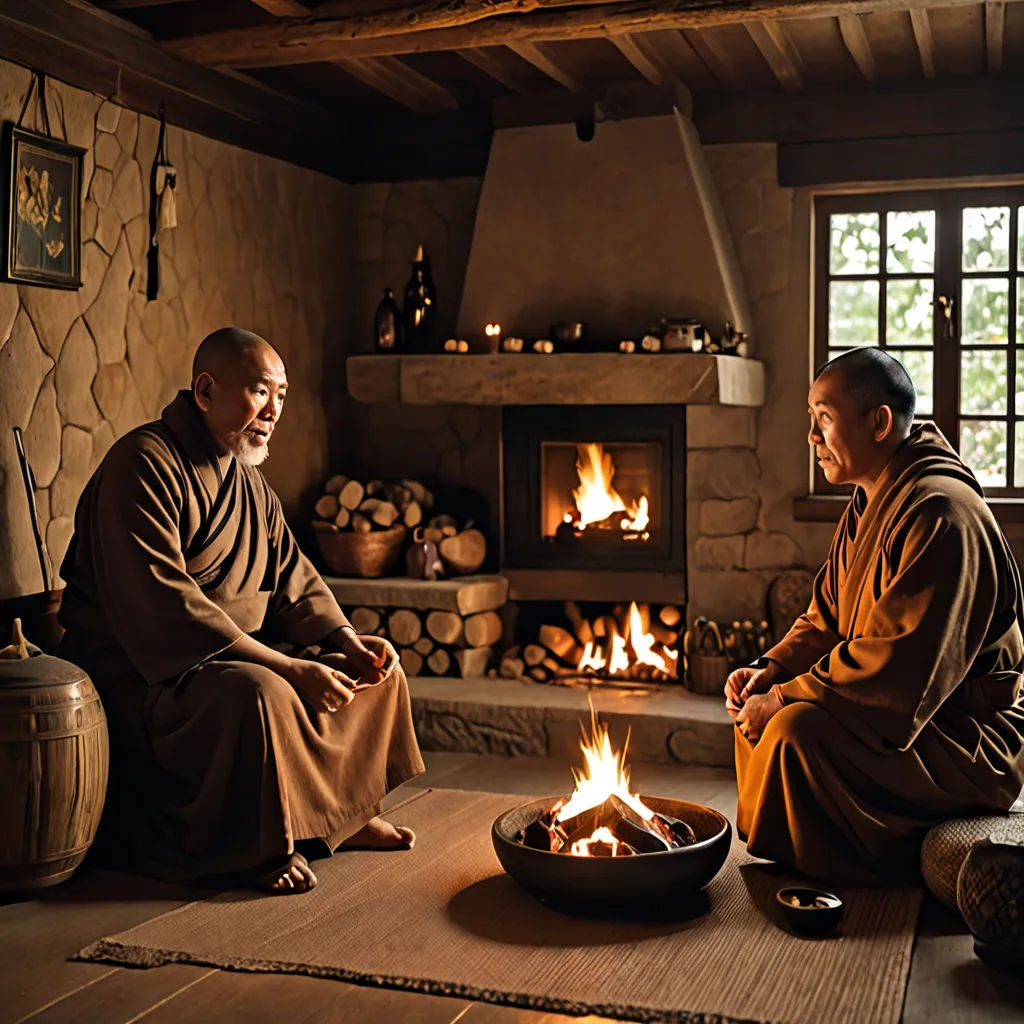 two men sitting in front of a fire in a room with a fireplace and a rug on the floor, light and space, a character portrait, Fang Congyi, promotional image